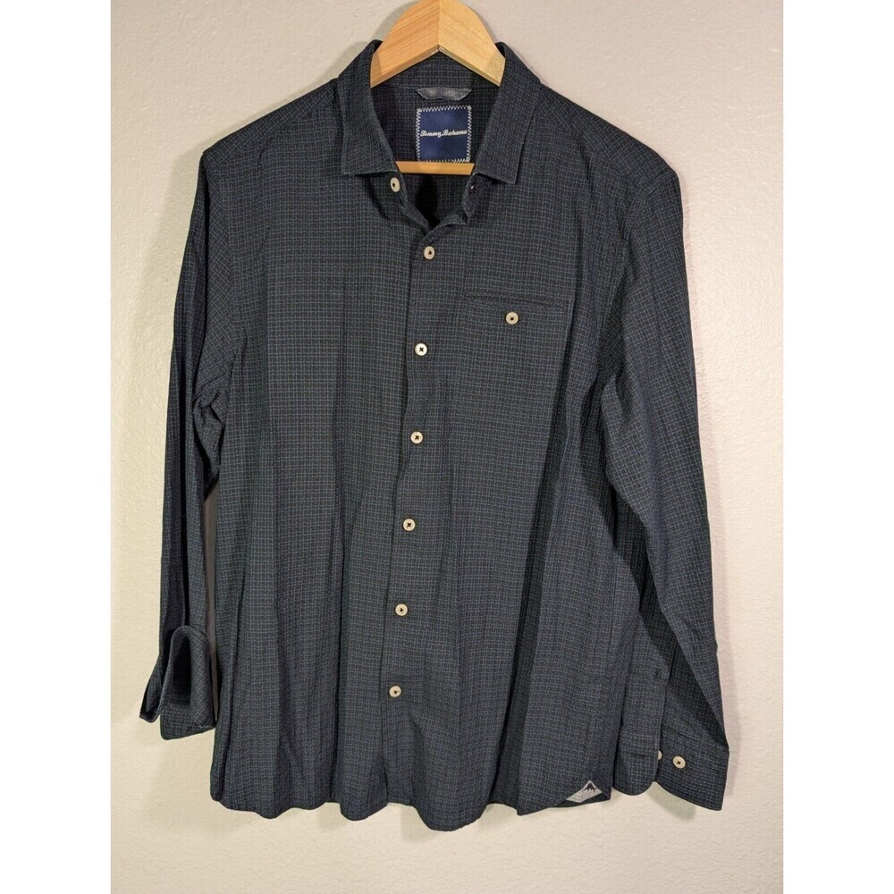 NWOT Tommy Bahama Shirt Men M Blue Plaid Silk Cotton Seersucker Long Sleeve 116‎